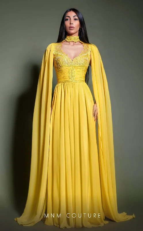 MNM Couture K4195 - Embroidered Cape Sleeve Evening Gown