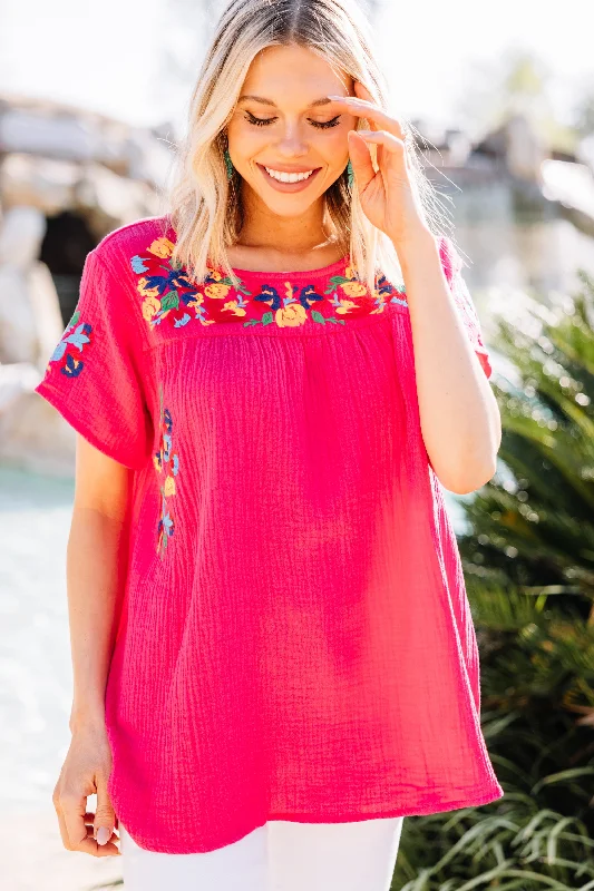 Another Trip Taken Fuchsia Pink Embroidered Top