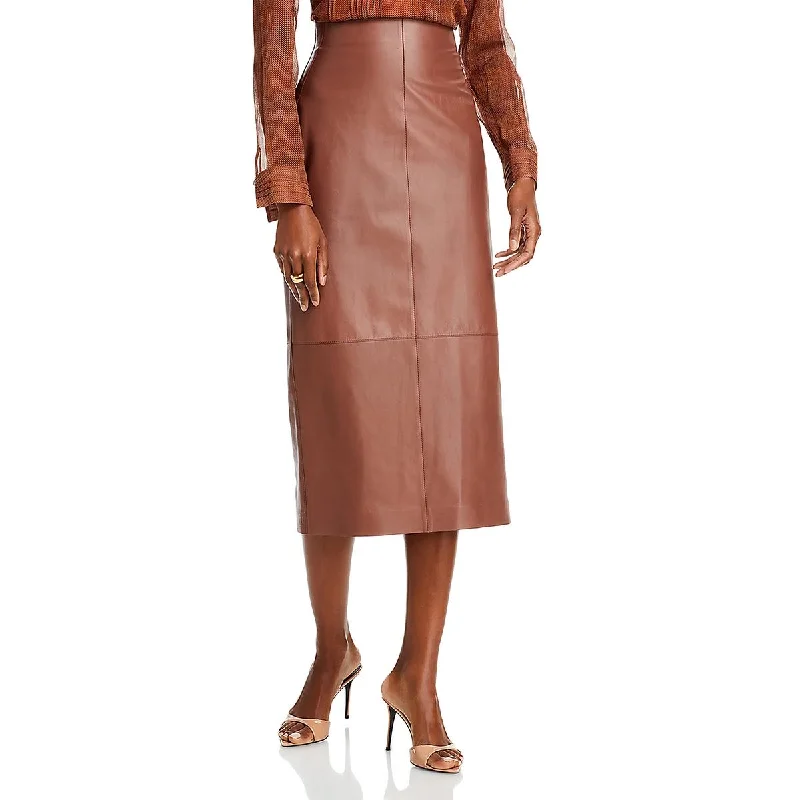 Womens Lambskin Leather Belted Pencil Skirt