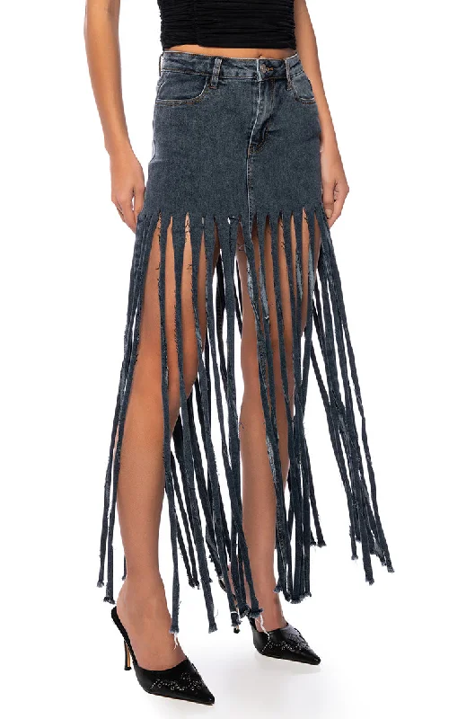 LOST AT SEA FRINGE DENIM MAXI SKIRT