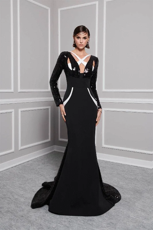 MNM Couture F02834 - Long Sleeve Crisscross Evening Gown