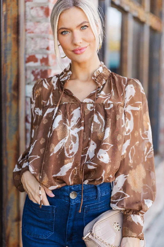 Give You A Try Camel Brown Floral Blouse