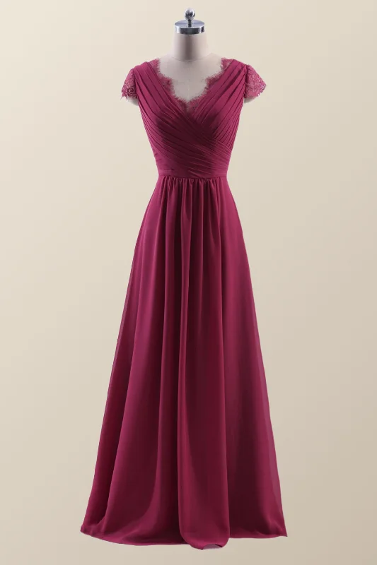 Cap Sleeves Burgundy Chiffon Long Bridesmaid Dress