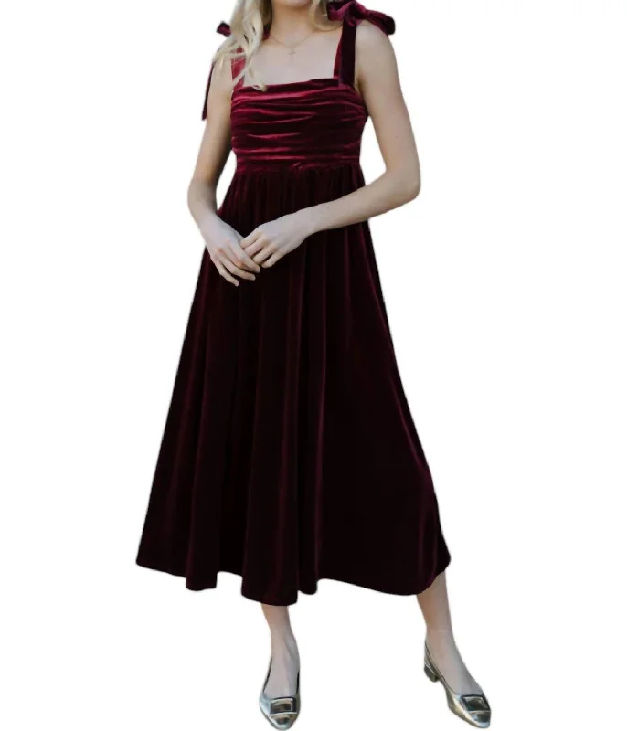 Velvet Tie Strap Midi Dress In Burgundy