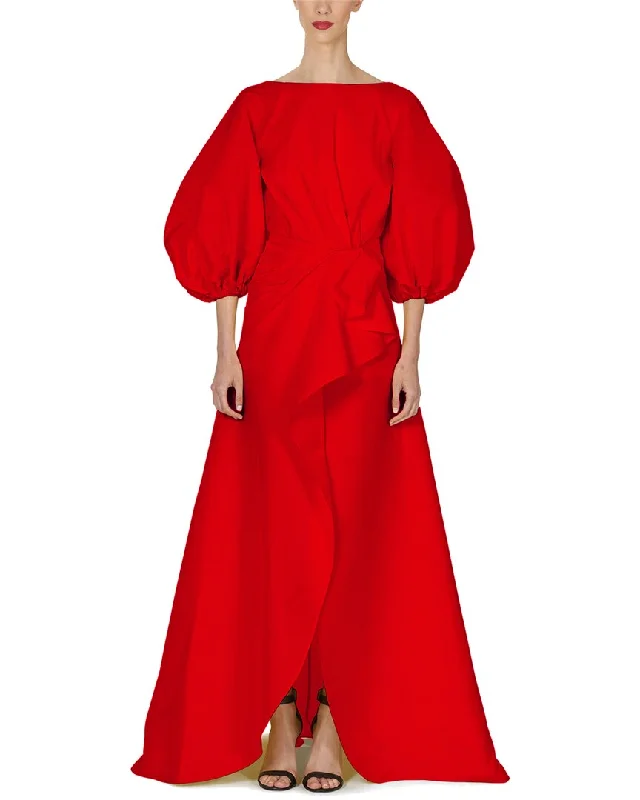 Carolina Herrera Shirred Puff Sleeve Sarong Silk Gown