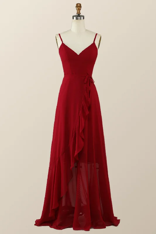 Wine Red Chiffon Wrap Ruffle Long Bridesmaid Dress