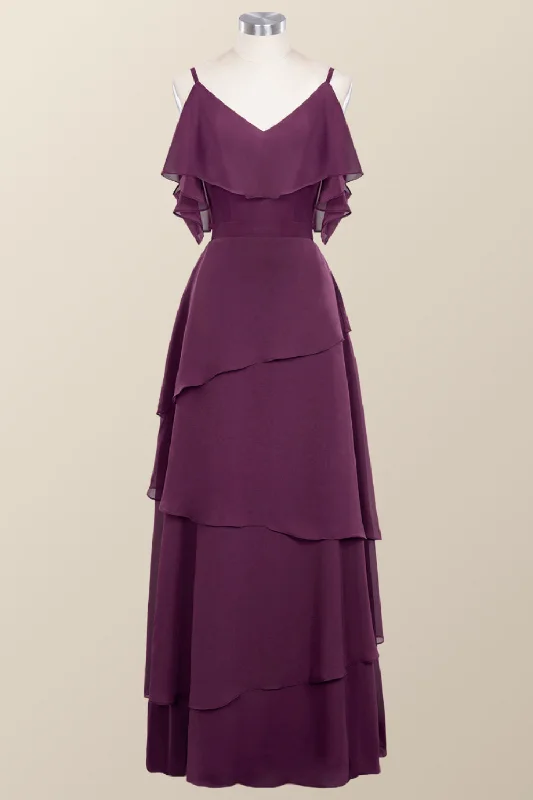 Straps Grape Chiffon Tiered Ruffle Bridesmaid Dress