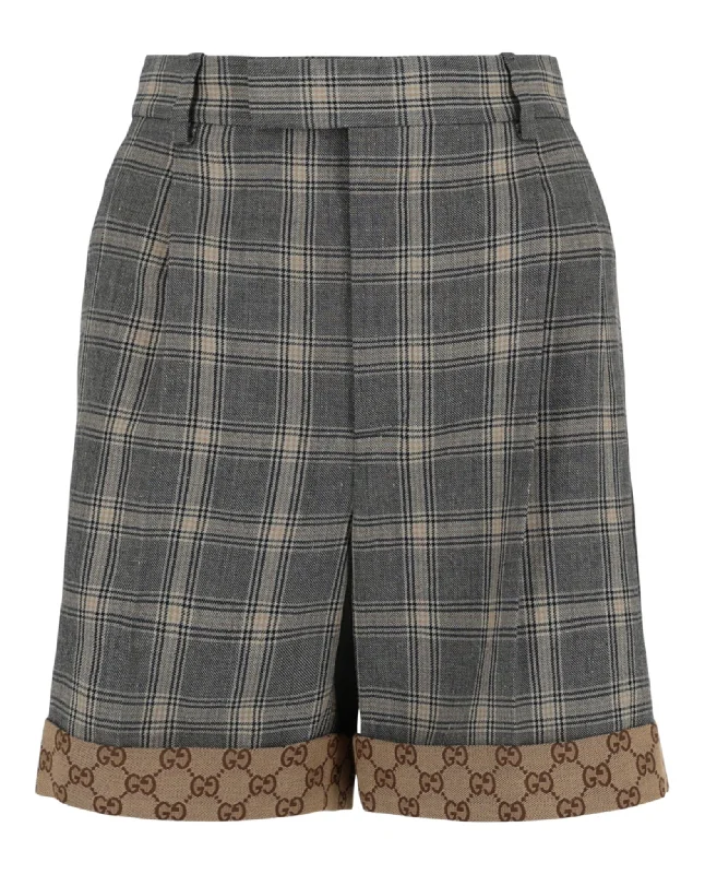 Plaid Printed Linen and Wool Shorts