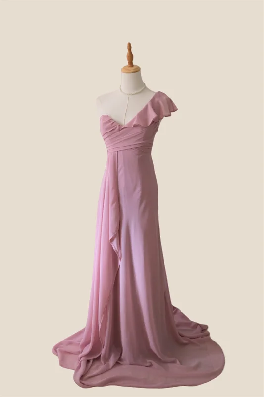 One Shoulder Dusty Pink Ruffle Bridesmaid Dress