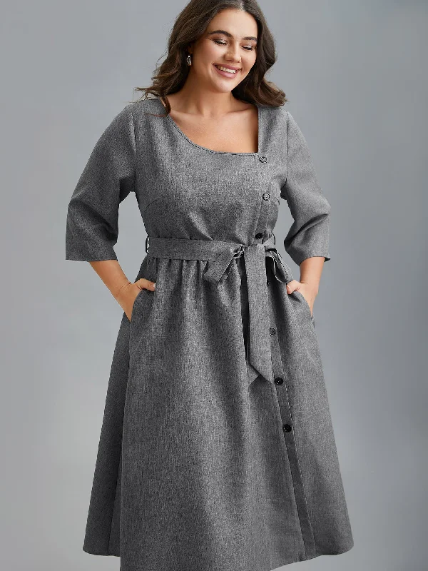 Asymmetrical Neckline Belted Pockets Midi Dress