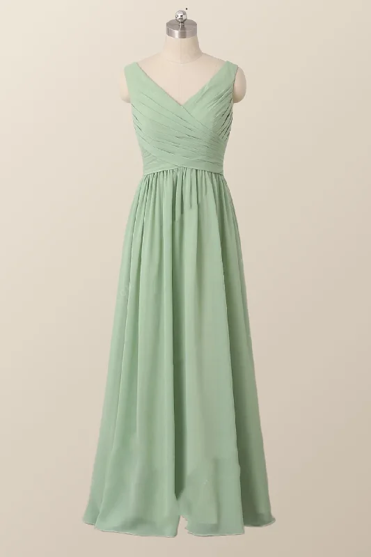 Pleated V Neck Mint Green Chiffon Bridesmaid Dress