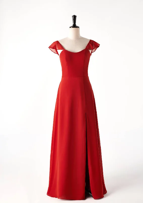 Scoop Rust Red Chiffon Long Bridesmaid Dress