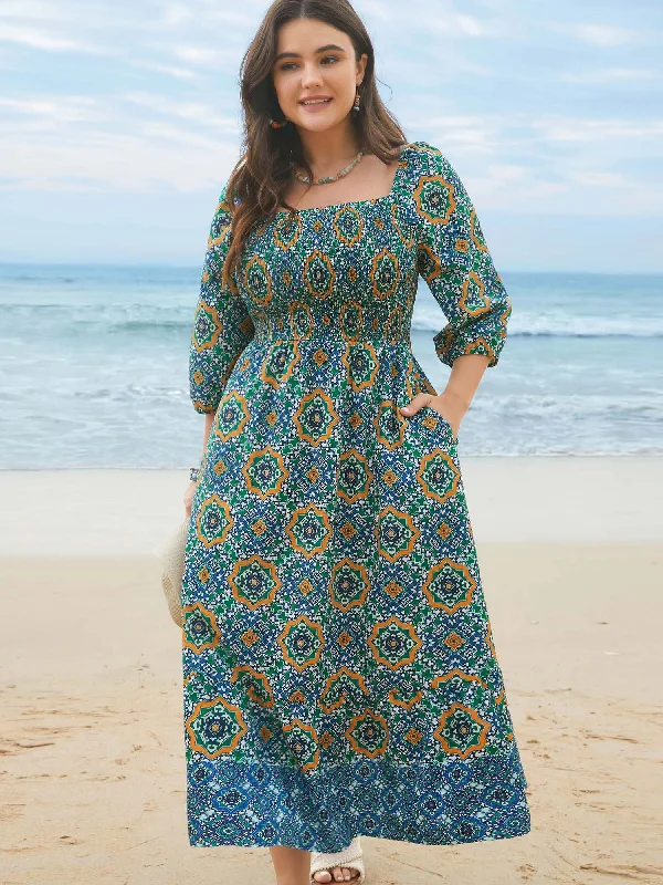 Ornate Print Shirred Stretchy Waist Midi Dress