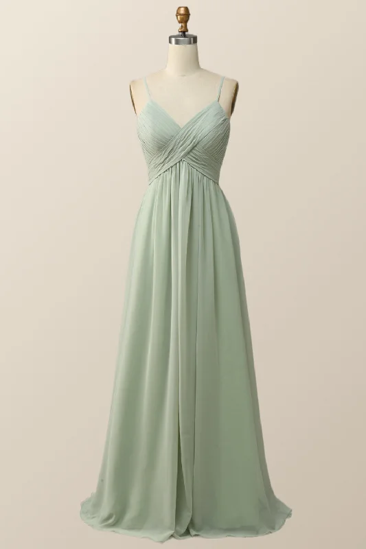 Sage Green Pleated Straps Long Bridesmaid Dress