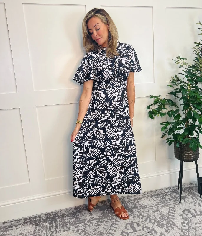 Black & Ivory Leaf Print Kate Midi Dress