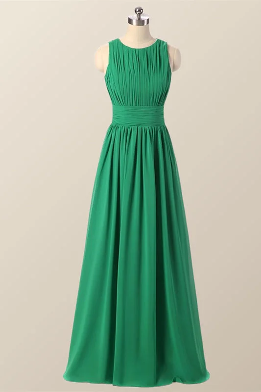 Scoop Green Pleated Chiffon A-line Long Bridesmaid Dress