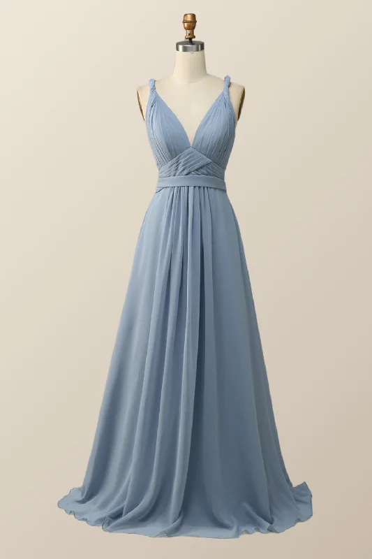 Twisted Straps Blue Chiffon A-line Long Bridesmaid Dress