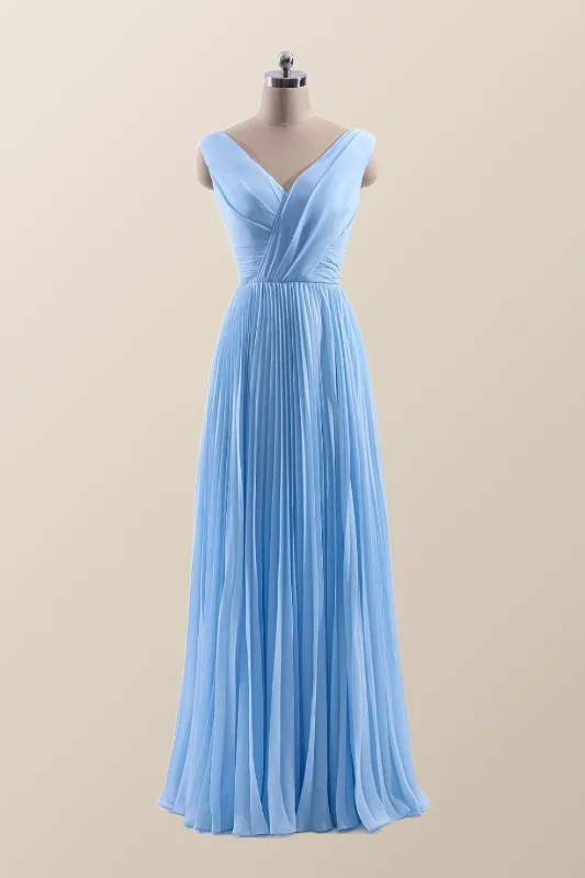 V Neck Blue Chiffon A-line Long Bridesmaid Dress