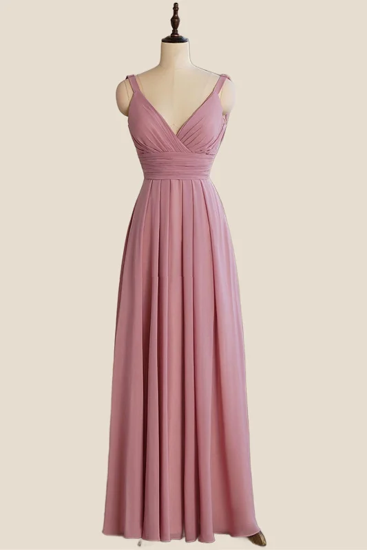 V Neck Rose Pink Chiffon Cowl Back Long Bridesmaid Dress