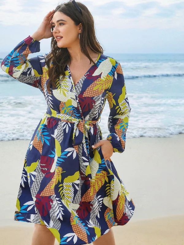 Surplice Neck Tropical Leaf Pockets Midi Dress