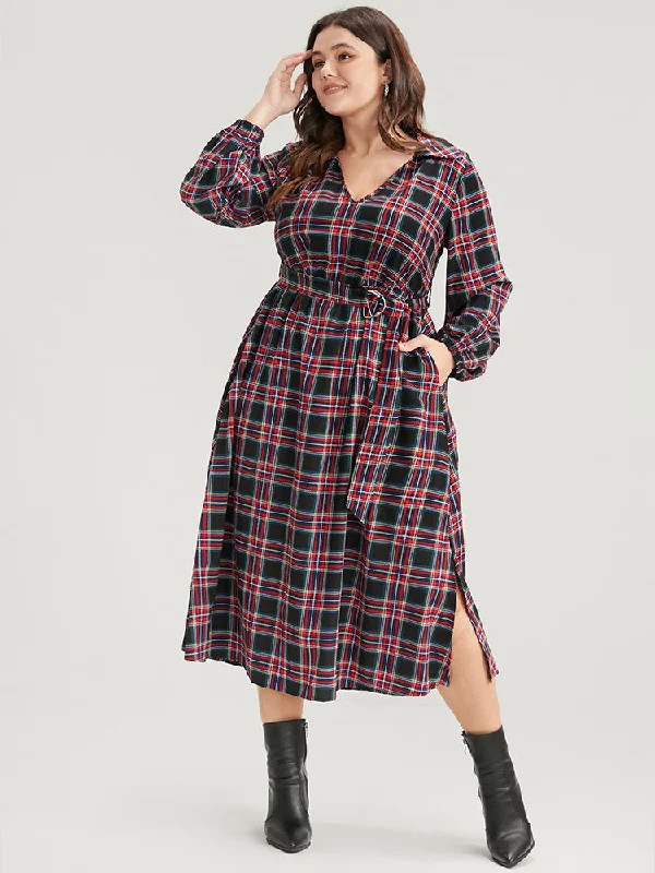 Tartan Lantern Sleeve Pocket Belted Midi Dress