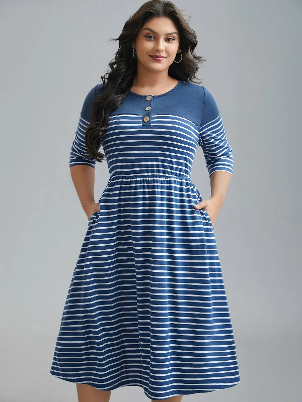 Colorblock Striped Waist-Cinched Midi Dress