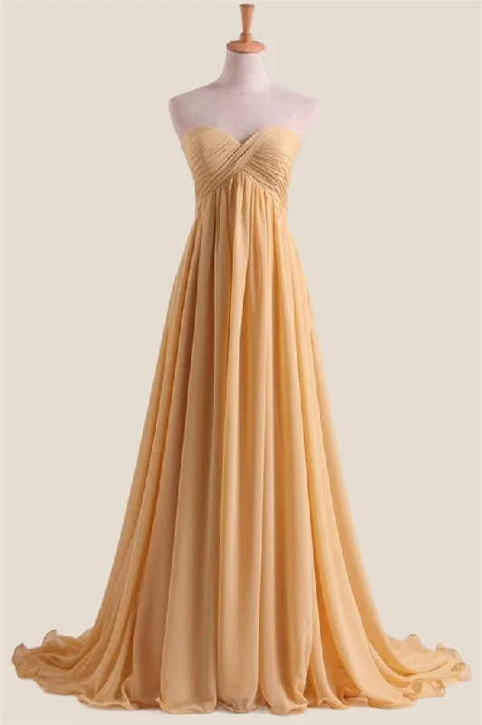 Yellow Pleated Sweetheart Chiffon Long Bridesmaid Dress