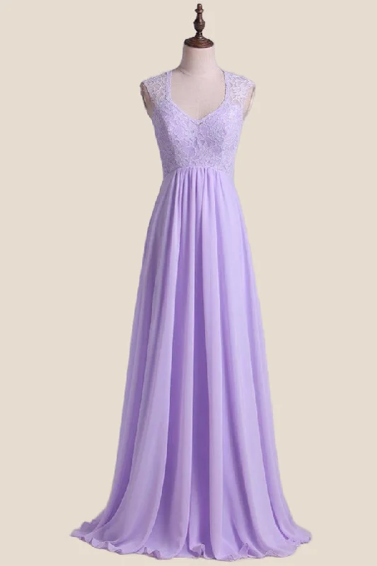 Lavender Lace and Chiffon A-line Long Bridesmaid Dress