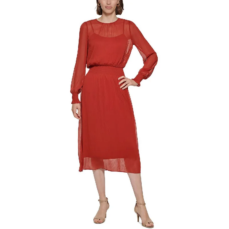 Womens Chiffon Smocked Midi Dress