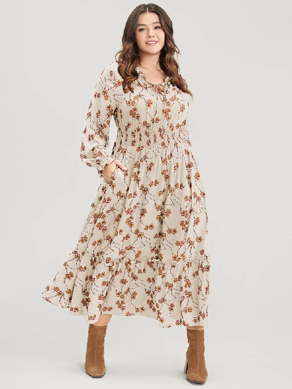 Floral Lantern Sleeve Pocket Tie Neck Shirred Midi Dress