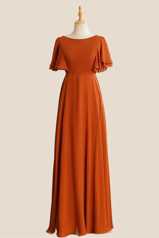 Orange Chiffon Scoop Ruffle Sleeves A-line Long Bridesmaid Dress