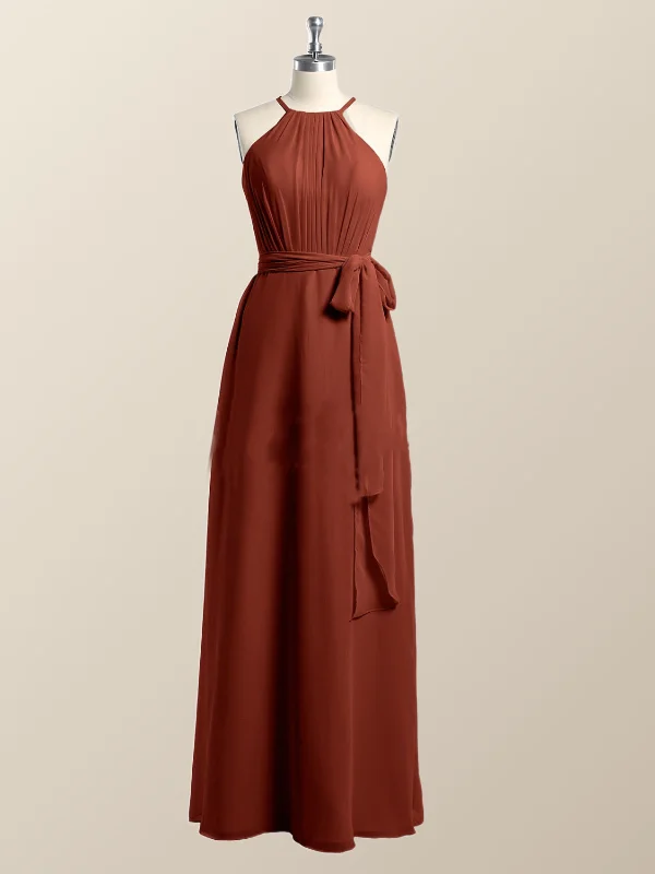 Halter Burgundy Chiffon A-line Long Bridesmaid Dress