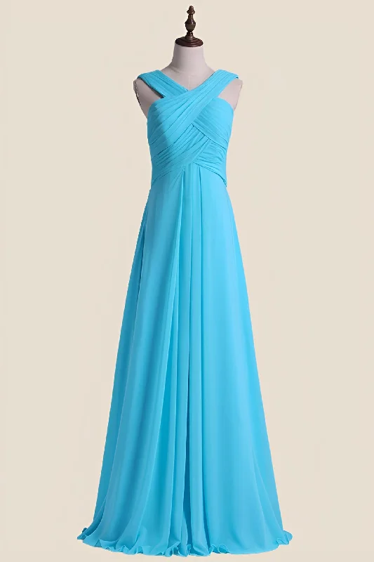 Cross V Neck Blue Chiffon Long Bridesmaid Dress