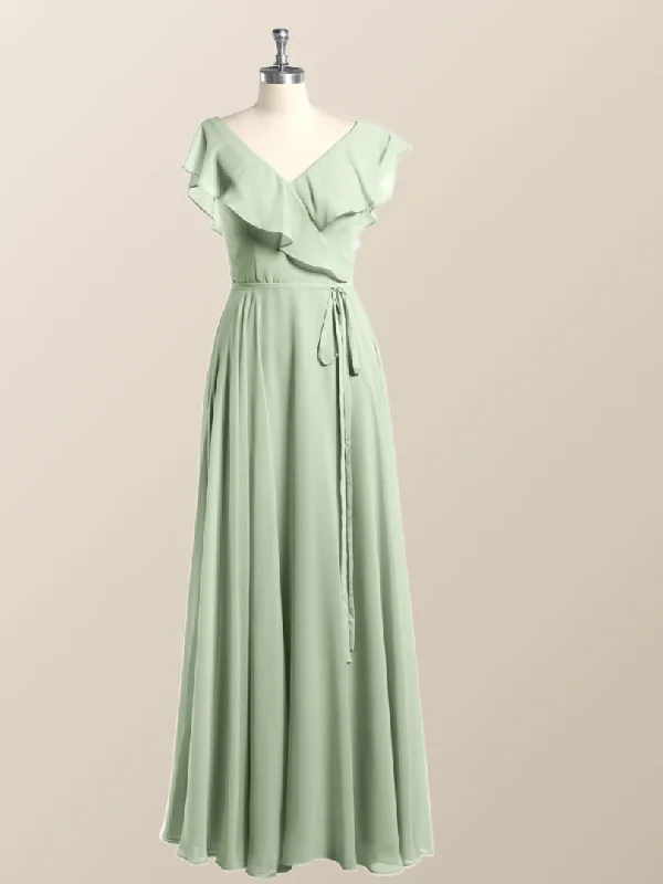 Ruffles V Neck Sage Green Chiffon Long Bridesmaid Dress