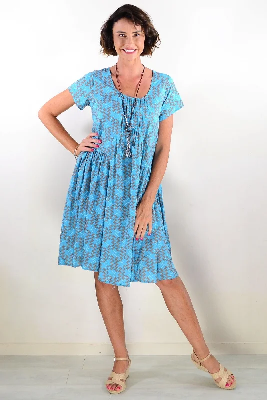 Aqua Triangles Pintuck Pleats Tunic Dress