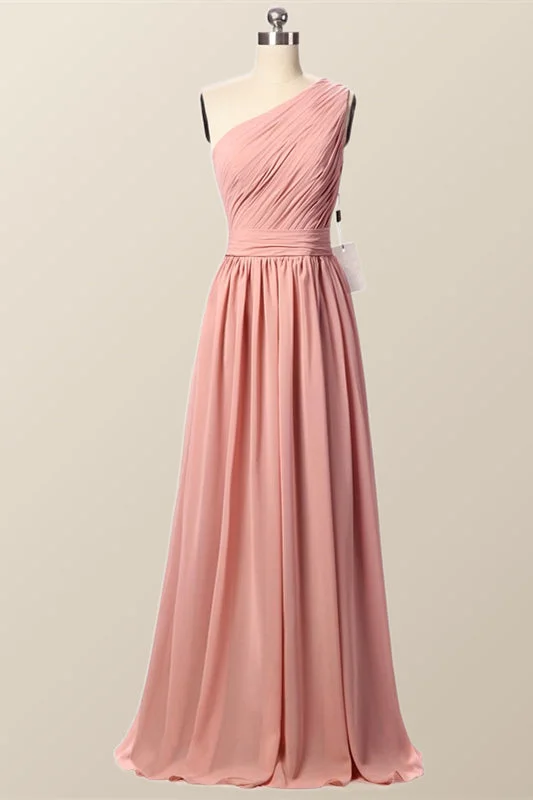 One Shoulder Blush Pink Pleated Long Bridesmaid Dress