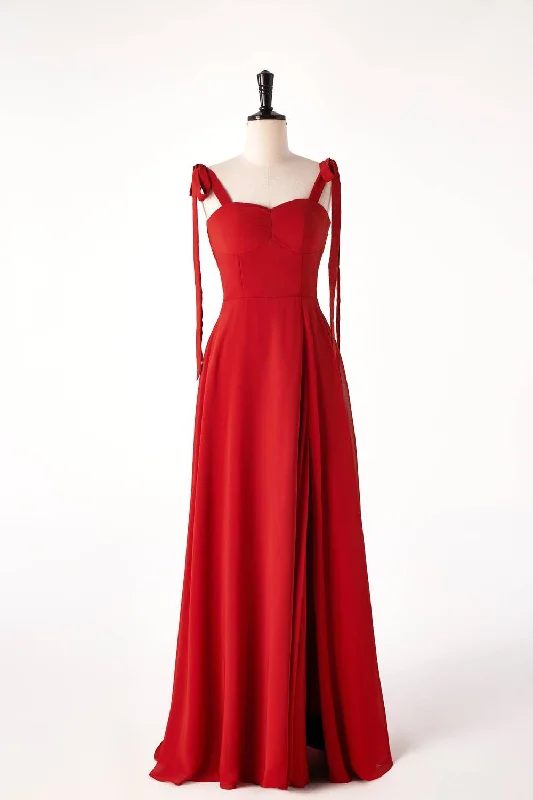 Rust Red Chiffon Long Bridesmaid Dress with Tie Shoulders