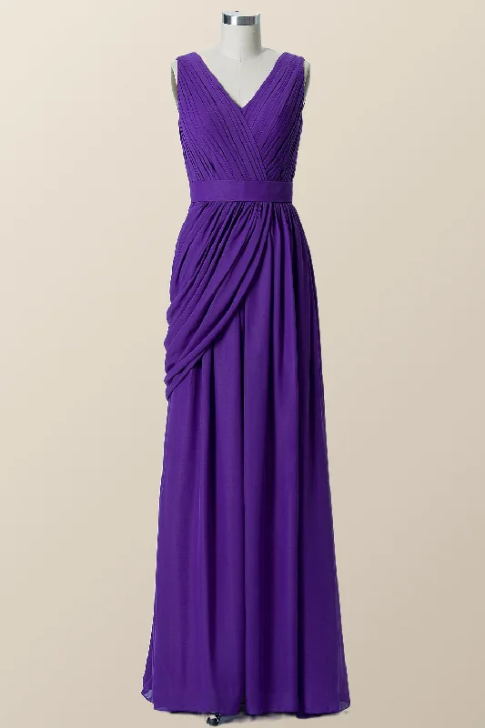 V Neck Purple Pleated Chiffon A-line Bridesmaid Dress