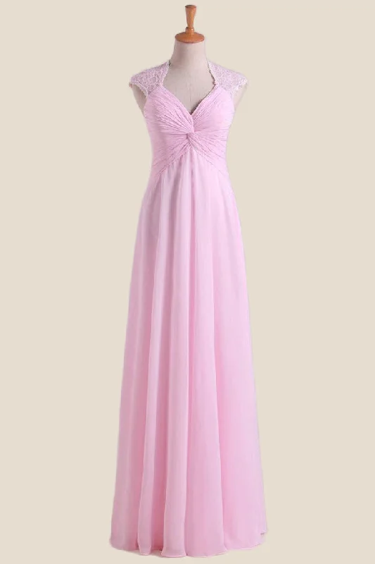 Pink Chiffon Twisted Chiffon Long Bridesmaid Dress