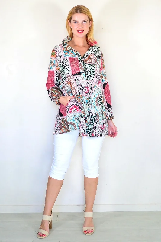 Coffee Print High Collar Tunic Shirt