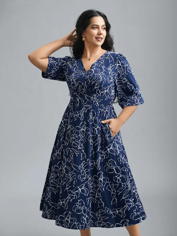 Surplice Neck Abstract Print Fit Midi Dress