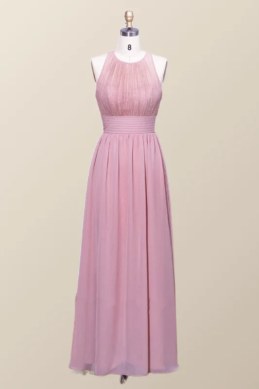 Halter Blush Pink Chiffon A-line Long Bridesmaid Dress