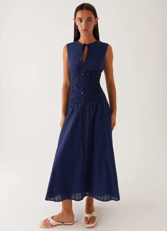 Belle Shirred Waist Midi Dress - Navy