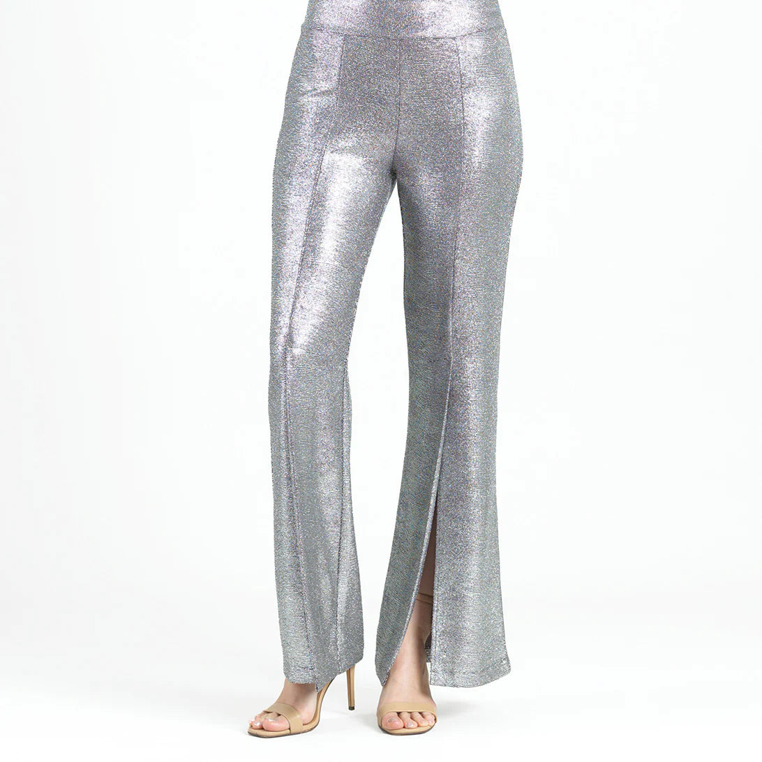 Glitter Foil - Kick Front High Slit Pant - Gunmetal