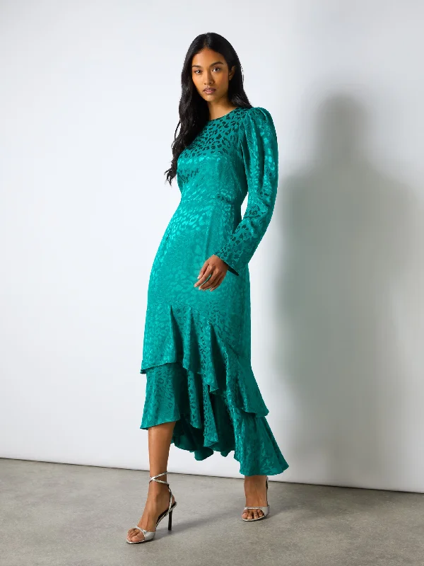 Angelina Teal Animal Jacquard Flute Hem Dress