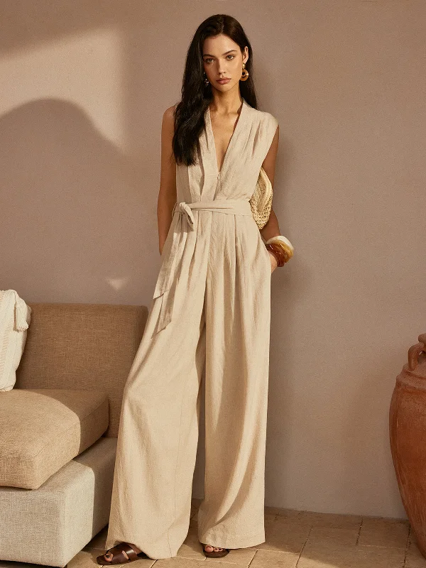 Belted Ruched V-Neck Jumpsuit