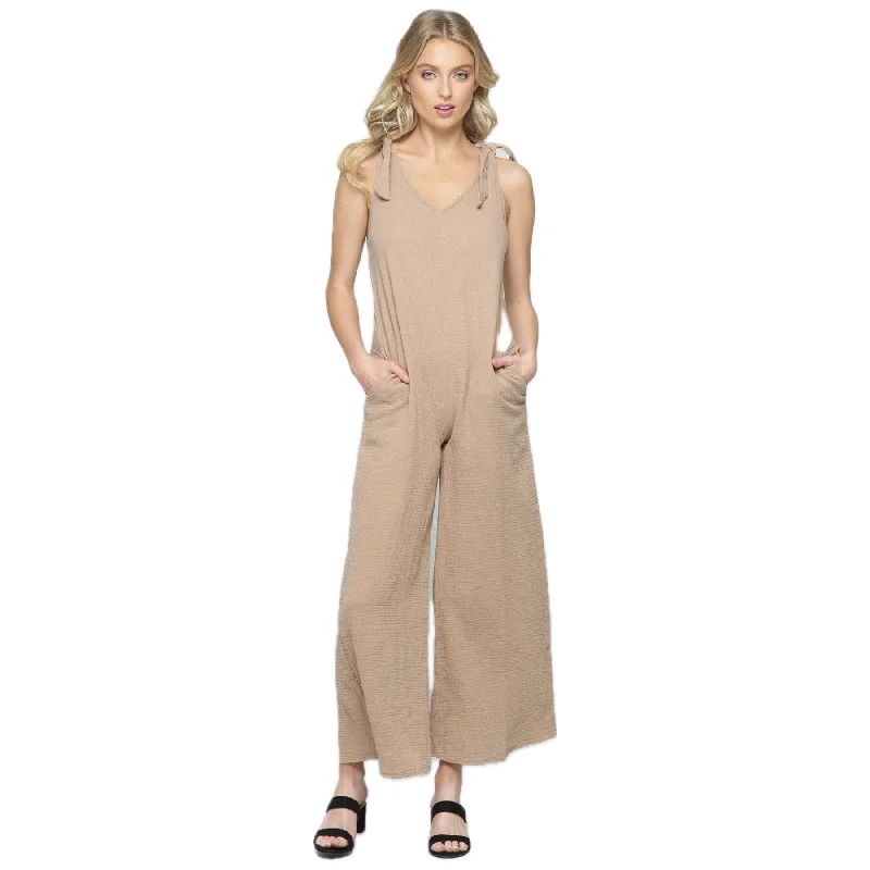 Cross Over Tan Wide Leg Jumpsuit