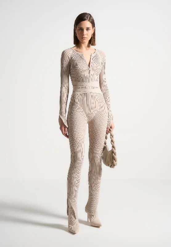 Knitted Two Tone Jumpsuit with Belt - Beige/Taupe