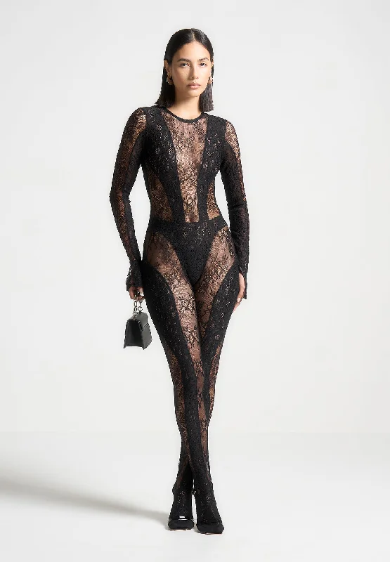 Lace Backless Footsie Jumpsuit with Pearl Detail - Black