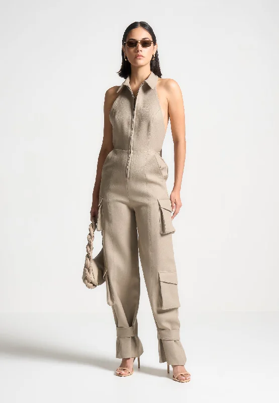 Tailored Halterneck Cargo Jumpsuit - Beige